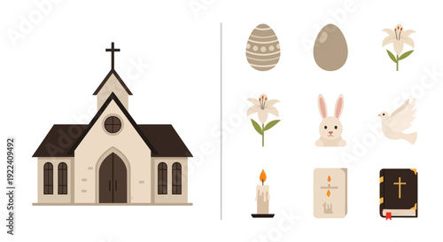 Easter Christian Symbols: Church, Eggs, Bunny, Lily, Dove, Candle, Bible