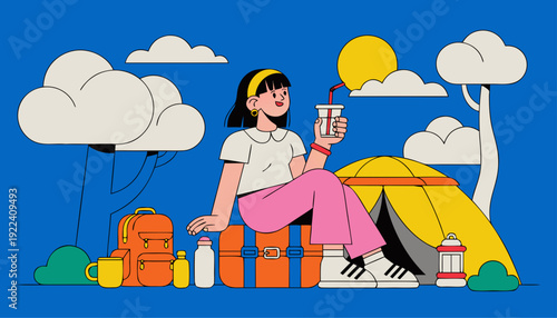 Very beautiful sunny day camping illustration created in clean flat style, featuring colorful tent, bright sky, green trees, and cheerful outdoor atmosphere perfect for travel designs.