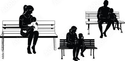 Black silhouette of parents sitting on park benches with their children including a mother nursing a baby isolated on a white background.