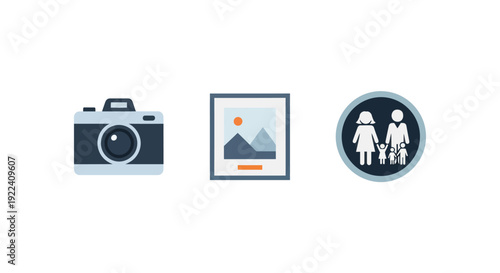 Camera photo frame family icons on white background