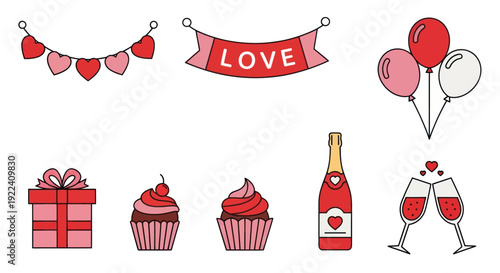 Valentine's Day Celebration Icons: Love, Gifts, Cupcakes, Champagne, Balloons, Hearts
