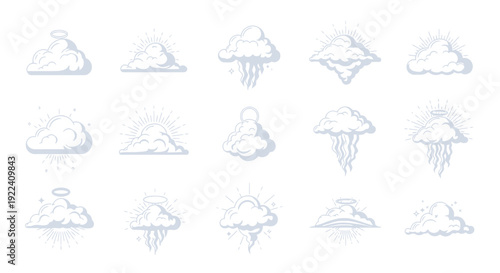Cloud Icons Set: Halo, Sun, Rain, Jellyfish, Divine Light - Vector Graphics