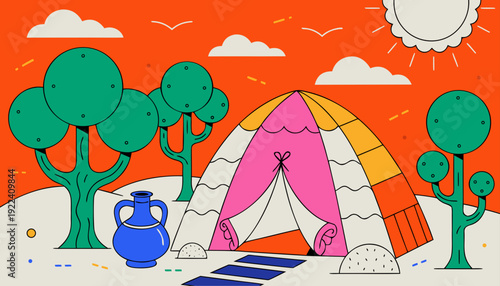 Very beautiful sunny day camping illustration created in clean flat style, featuring colorful tent, bright sky, green trees, and cheerful outdoor atmosphere perfect for travel designs.