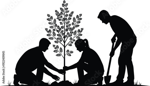 People planting tree silhouette, family environmental conservation concept, teamwork gardening activity black vector illustration isolated on white background design