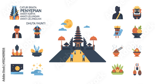 Bali Temple Icon Set: Pura Besakih, Offerings, Culture, Traditional Symbols