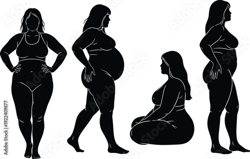 Diverse Body Positive Woman Silhouette Vector Set Featuring Plus Size Models Pregnant Woman and Various Poses Isolated on White Background for Health Wellness and Inclusion Designs