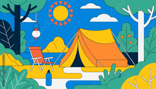 Very beautiful sunny day camping illustration created in clean flat style, featuring colorful tent, bright sky, green trees, and cheerful outdoor atmosphere perfect for travel designs.