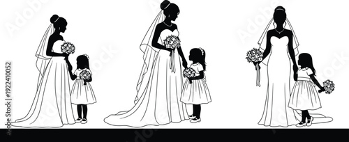 Elegant black silhouette collection of beautiful brides wearing wedding dresses and veils holding hands with flower girls carrying floral bouquets isolated