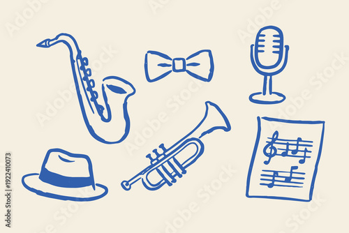 Jazz instruments doodle line drawing vector illustration