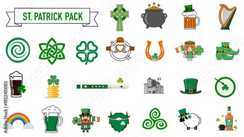 25 festive St. Patrick's Day symbols like clovers, rainbows, and leprechauns celebrating Irish culture. A vibrant set of 25 St. Patrick's Day icons 