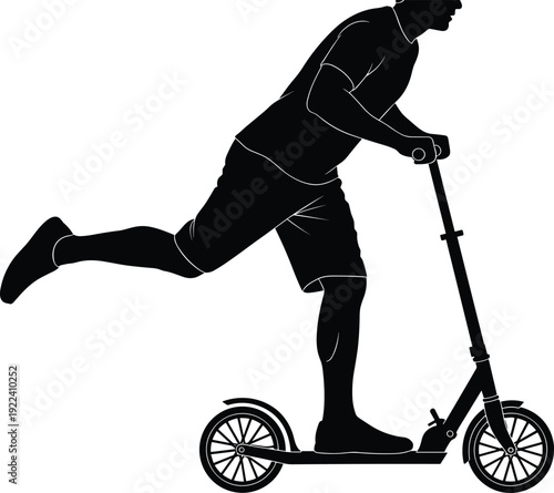 Man riding kick scooter silhouette, urban transportation mobility concept black vector illustration isolated on white background for active lifestyle design