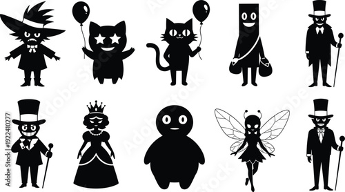 Halloween silhouette collection featuring spooky characters, black cat with balloon, fairy wings, royal princess, mystery gentleman in top hat, and cartoon monsters