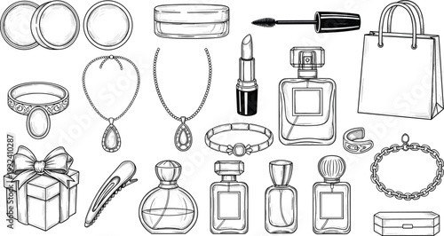 Hand drawn sketch of beauty accessories including perfume bottles, jewelry, lipstick, mascara, gift box, and shopping bag isolated on white background