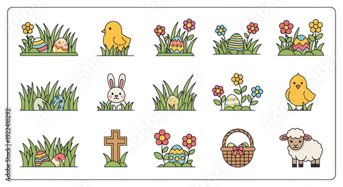 Easter Icons: Chickens, Bunnies, Eggs, Flowers, Basket, Cross, Sheep, Grass
