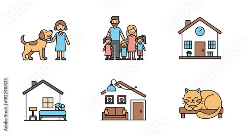 Family, Home, Pet Icons: House, Dog, Cat, Parents, Children, Living Room