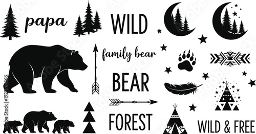 Large collection of wild forest silhouette icons featuring grizzly bears, pine trees, crescent moons, arrows, feathers, teepees, and tribal adventure typography
