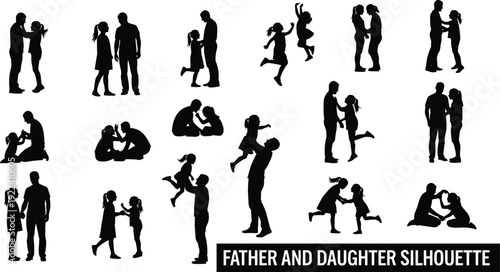 Set of black father and daughter silhouettes in various loving poses including playing, jumping, and hugging for family concept isolated on white background.