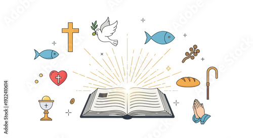 Christianity Symbols: Bible, Cross, Dove, Fish, Bread, Chalice, Praying Hands