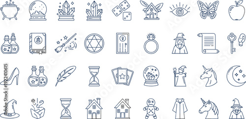 Large collection of magic and fantasy line art icons including crystal balls, potion bottles, wands, witches, spell books, unicorns, and mystical symbols