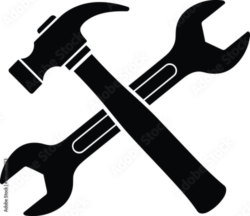 Hammer and wrench crossed tools icon, repair maintenance construction symbol black vector illustration isolated on white background for service concept