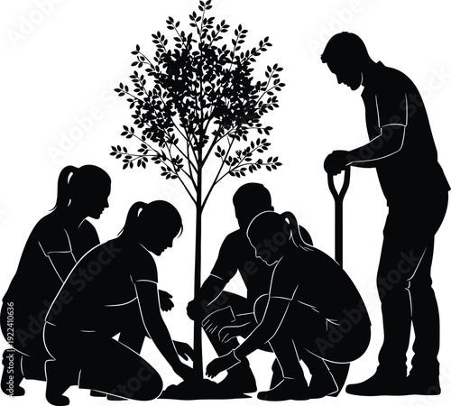 Group planting tree silhouette, community environmental conservation teamwork concept black vector illustration isolated on white background for sustainability awareness