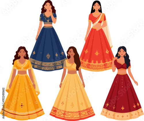 Create a realistic set of modern smart women in lehengas, vector art, clean white background, varied poses, vibrant color palettes vector art with white background..