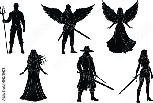 Set of black magical fantasy silhouettes featuring a warrior with trident, winged angel with sword, and various female sorcerers with magical powers.