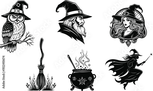 Set of black magical fantasy silhouettes featuring a wizard, a witch, an owl wearing a hat, a cauldron, and a magic broom.