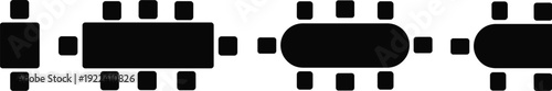 Top view table and chairs silhouette icon set, rectangular and oval dining layouts with seating positions, black vector furniture symbols isolated on white.