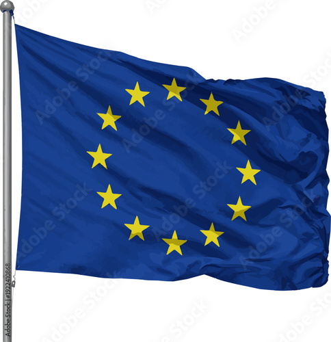 Create a realisticFlag of Europe, Euro flag on wind - European Union flag. 3d rendering Vector art with white background..