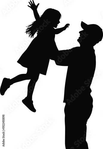 Father lifting daughter silhouette, happy family bonding moment symbol of love care and parenting isolated black vector on white background