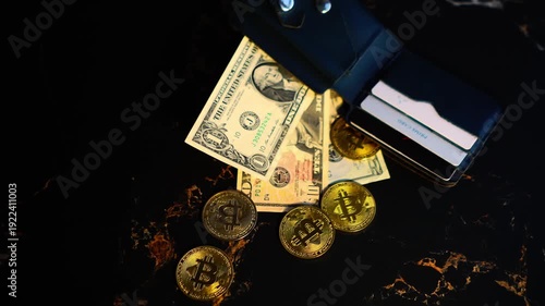 Bitcoin with dollars bills in wallet. Digital crypto coin and cryptocurrency. Investments for the investor. Concept of exchange market and online trading. Trading in bull and bear markets