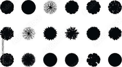 Top view tree canopy silhouette set with eighteen round crowns, black vector foliage shapes for landscape architecture, garden plan symbols isolated on white.