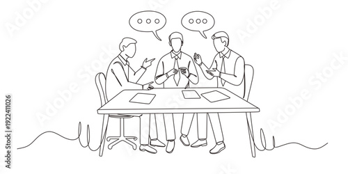 Group of three people working together continuous one line vector drawing. Students preparing to exams  doing homework. Coworking. Job meeting  discussion