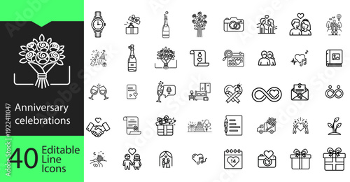 40 Anniversary Celebration and Wedding Editable Line Icons Set