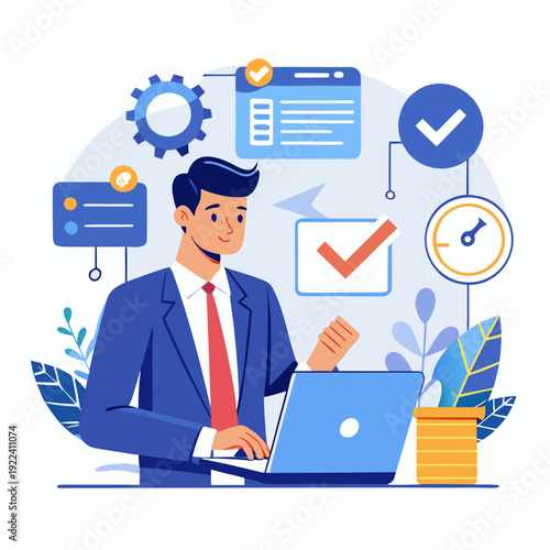 business man with laptop and phone. ISO certification and quality compliance concept. businessman reviewing audit documents on laptop, focusing on digital checklist, performance validation, and proces