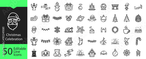 50 Christmas Holiday Celebration Editable Line Icons Set