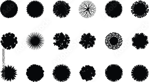 Top view tree canopy silhouette set with eighteen round crowns, black vector forest shapes for landscape architecture, garden plan symbols isolated on white.