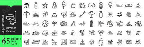 Summer Vacation and Beach Holiday Editable Line Icons Set