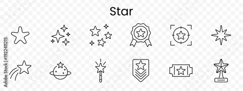 Star set icon. Outline rating symbols, single, sparkle, badge, target, burst, shooting, planet, wand, shield, ticket star, trophy.