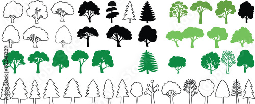 Tree icon set with outline and silhouette styles, black and green forest trees, deciduous and evergreen shapes, vector nature collection isolated.