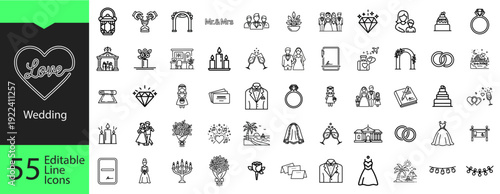 Wedding Ceremony and Marriage Editable Line Icons Set