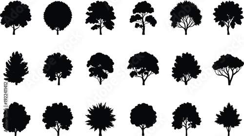 Tree silhouette icon set with eighteen black forest trees, various deciduous and evergreen shapes, natural landscape design elements isolated on white background.