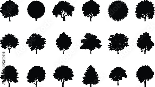 Tree silhouette icon set with eighteen black trees, round canopies and forest shapes, deciduous and evergreen landscape design elements isolated on white.