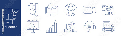 Education learning marketing set icon. Smartphone analytics cloud globe megaphone like billboard chart headset truck email chat depict online promotion study.