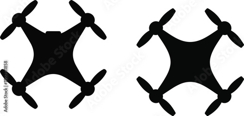 Two quadcopter drone silhouettes set, top view UAV icons with four propellers, black minimal vector illustration isolated on white background for technology.