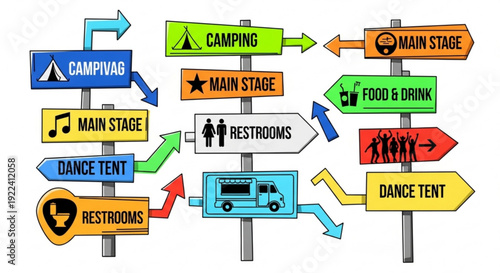 Colorful festival directional signs for camping main stage food and restrooms on white background