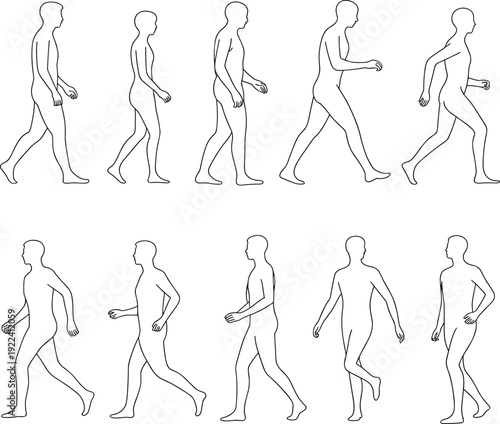 Walking and running human outline set with ten poses, minimal black line anatomy silhouettes for motion study, gait analysis, animation reference isolated.