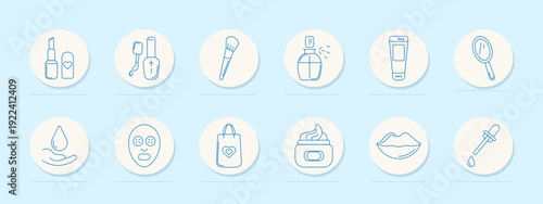 Cosmetics beauty set icon. Perfume bottle, cream jar, lipstick, brush, mirror, nail polish, lotion, mask, drop serum, makeup palette outline collection.