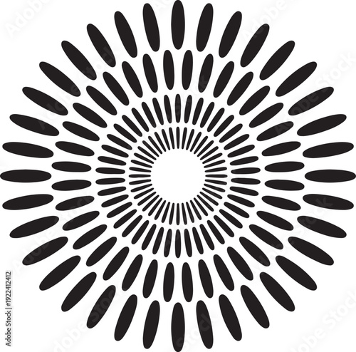 A striking black and white radial pattern formed by concentric rings of ovals